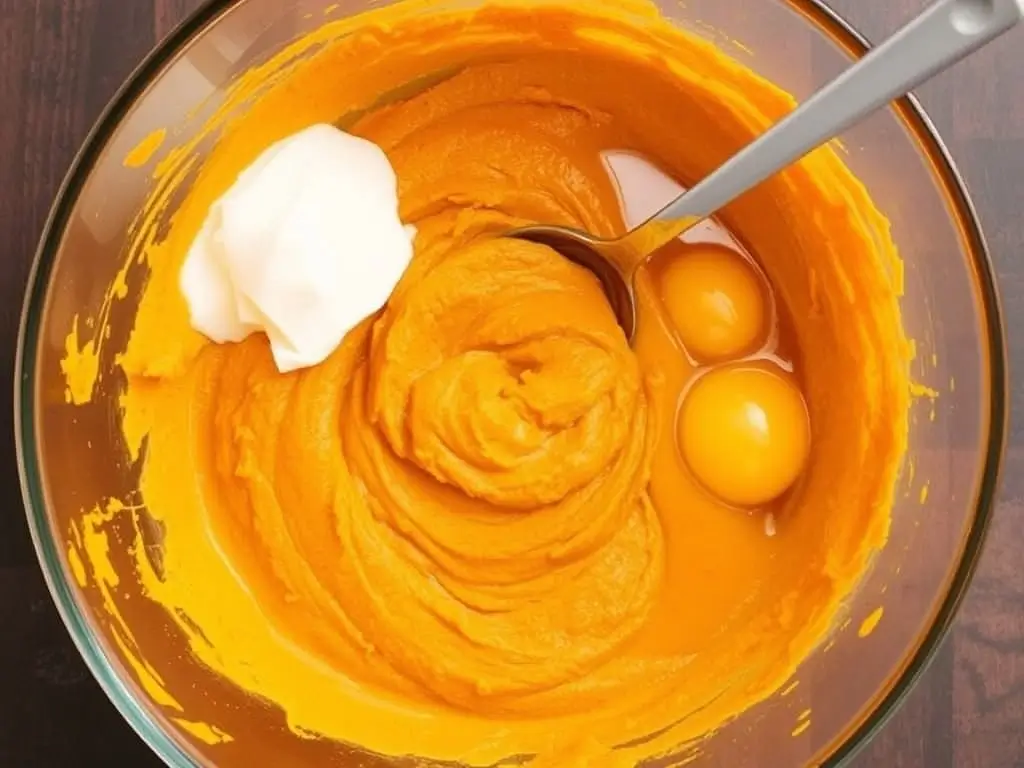 Mixing pumpkin puree, almond butter, eggs, honey, and vanilla for gluten free pumpkin muffin batter