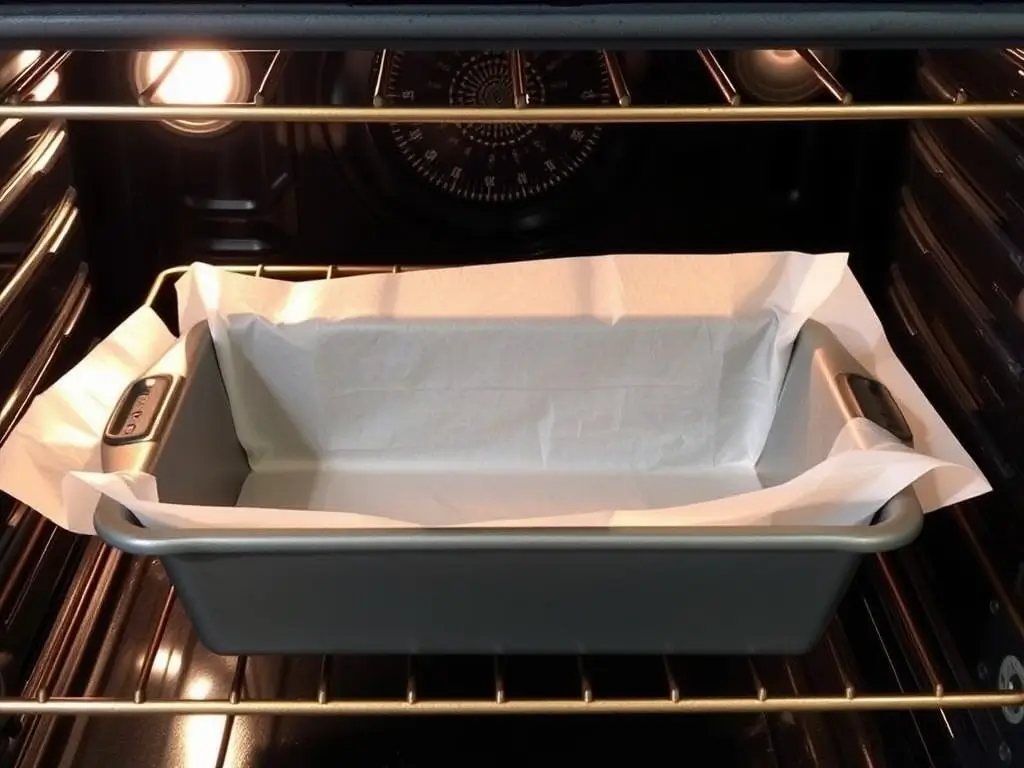 An oven preheated to 350°F with a loaf pan lied with parchment paper 