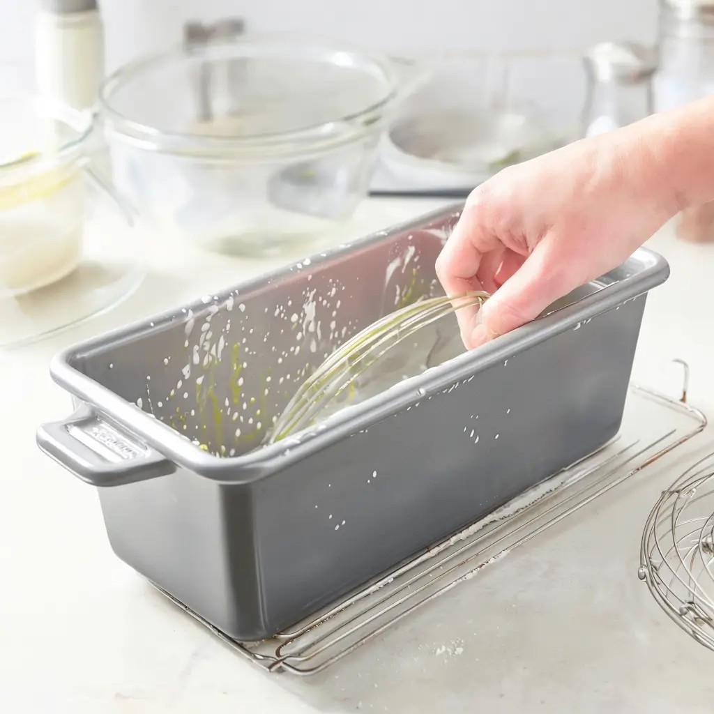 A 9x5-inch loaf pan being greased with oil, preparing to bake gluten-free white bread.