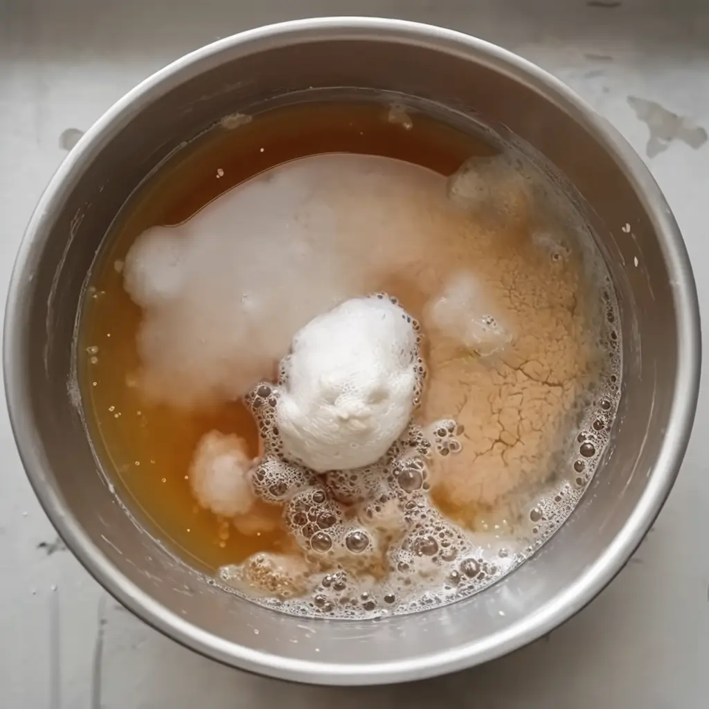 Close-up of a small bowl with yeast, sugar, and warm water foaming to activate yeast for gluten-free white bread