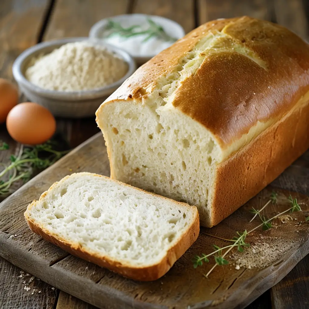 A freshly baked gluten-free white bread loaf sliced on a rustic wooden cutting board, showcasing its soft, airy texture. Surrounding the bread are ingredients like rice flour, sorghum flour, and eggs, along with sprigs of fresh herbs, all set in natural lighting to create a warm and inviting atmosphere.