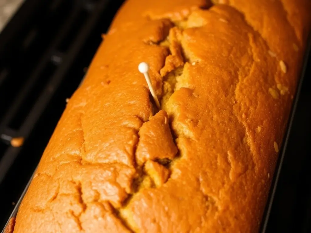 A freshly baked gluten-free pumpkin bread loaf with a clean toothpick inserted in the center.