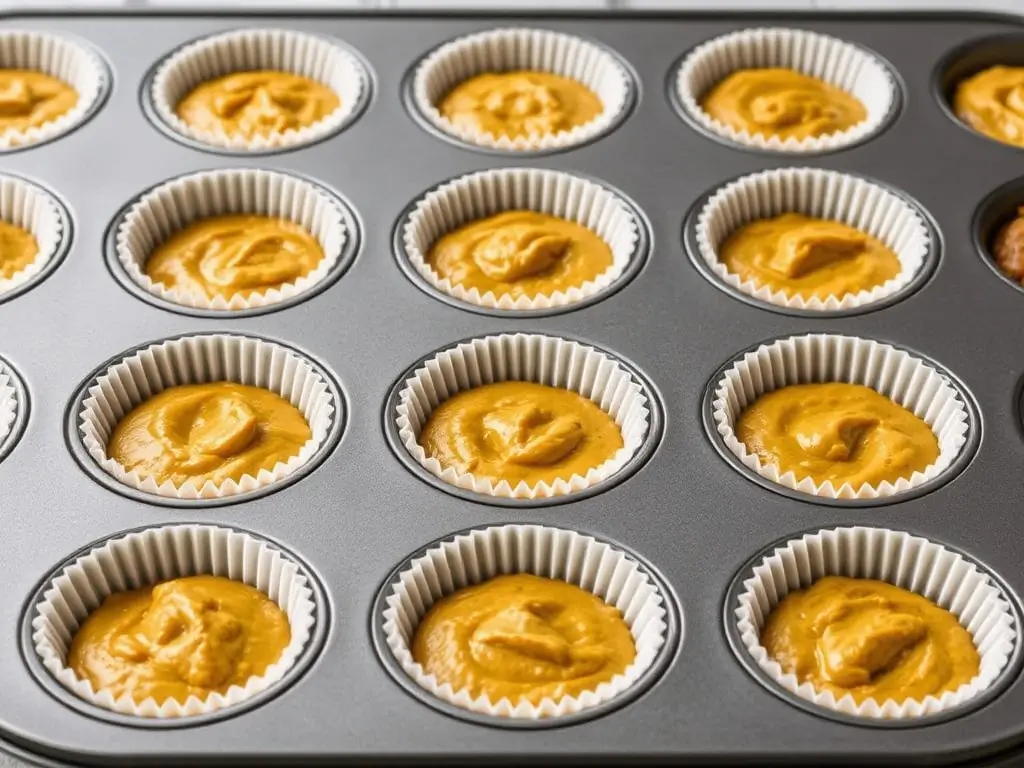 Muffin tin filled with pumpkin batter for gluten free pumpkin muffins