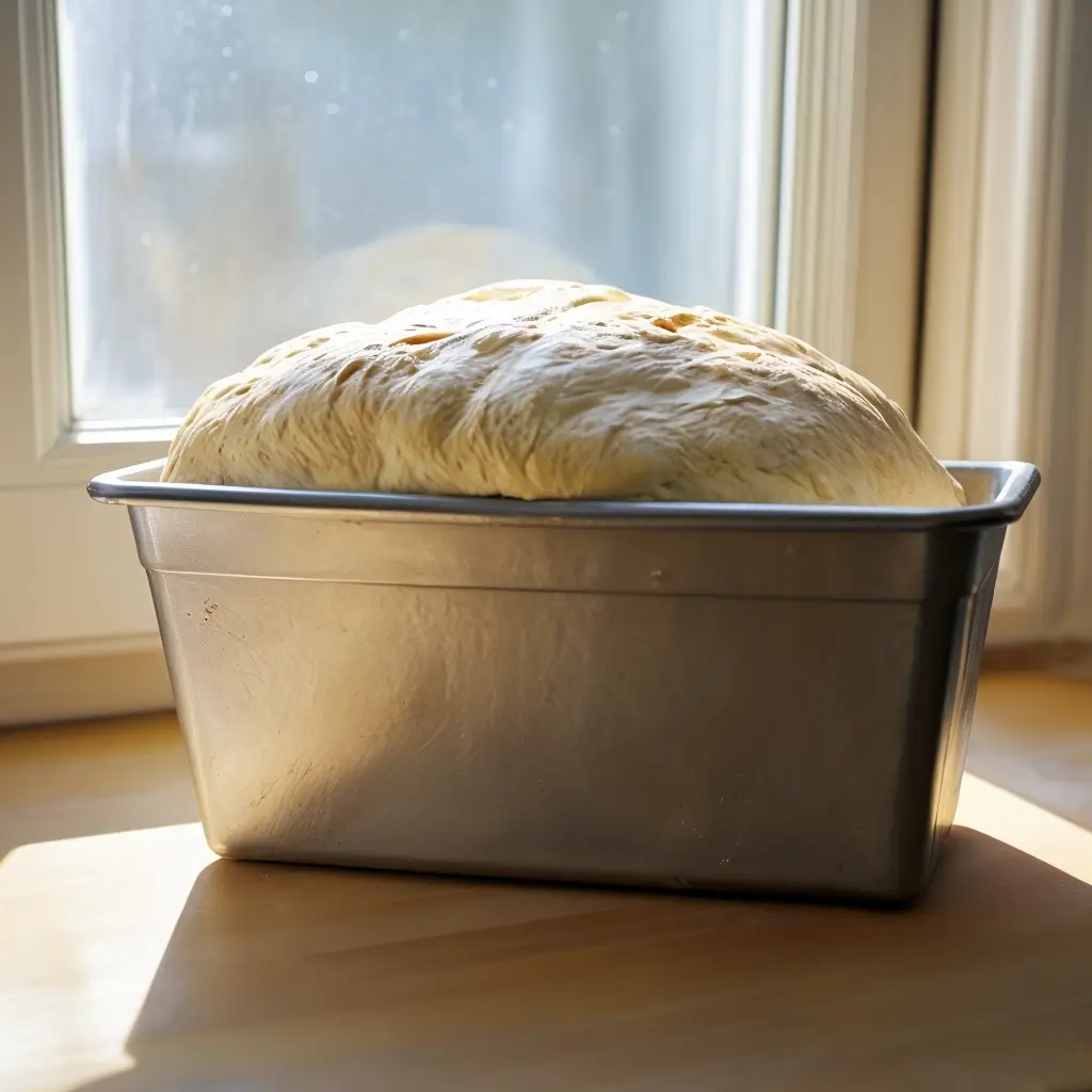 Dough for gluten-free white bread rising in a loaf pan placed near a sunny window, expanding over the pan