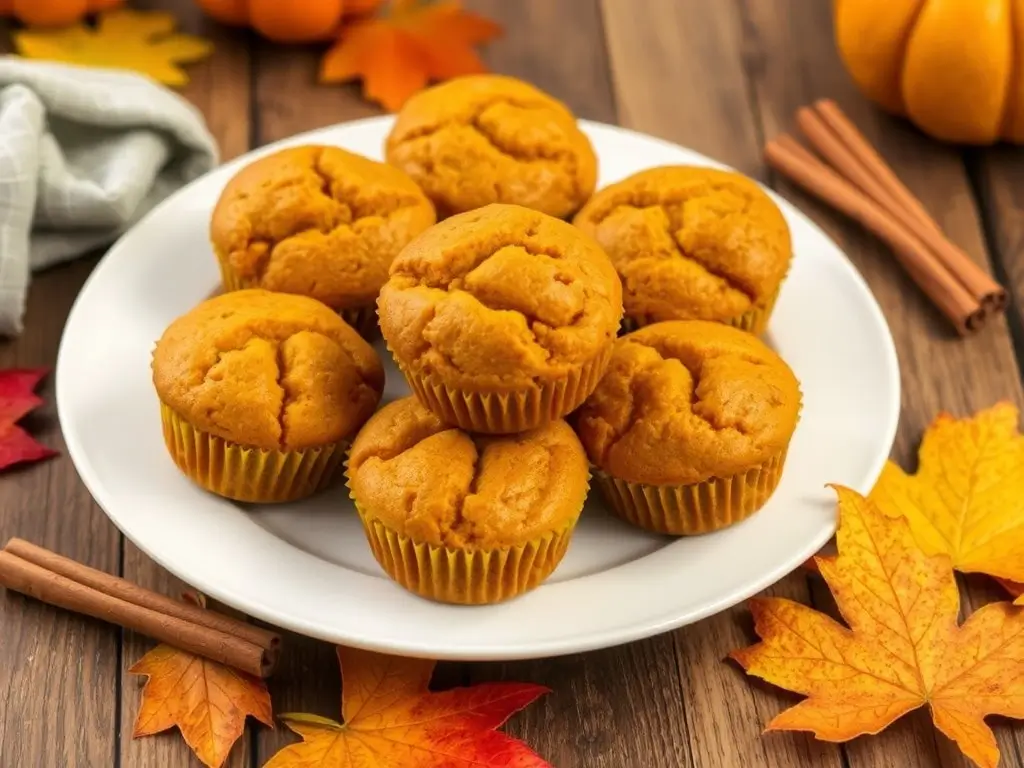 Golden gluten free pumpkin muffins on a plate, garnished with cinnamon sticks