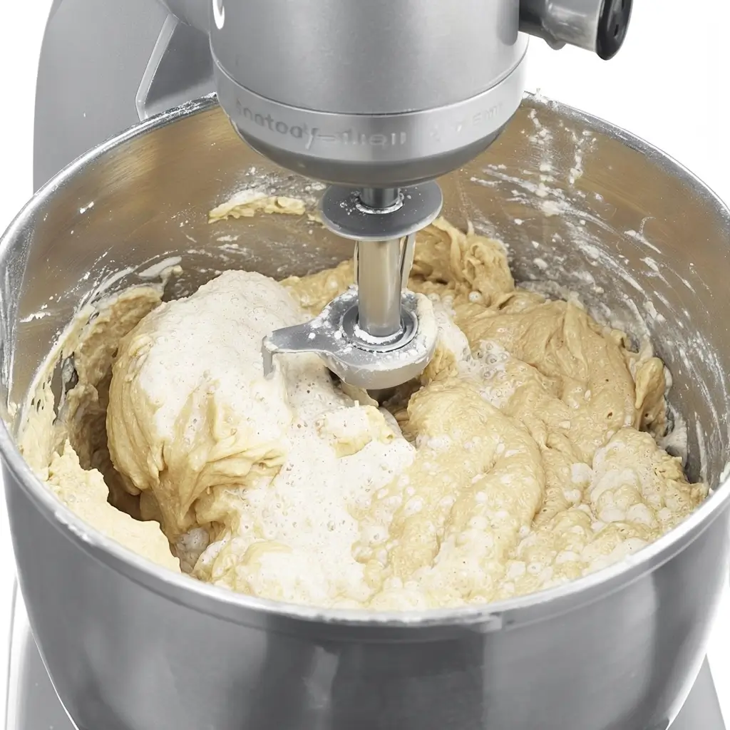 A stand mixer blending ingredients like rice flour, eggs, and yeast into dough for gluten-free white bread