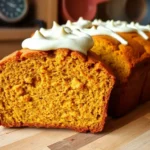 A golden loaf of gluten-free pumpkin bread sliced to show its moist crumb