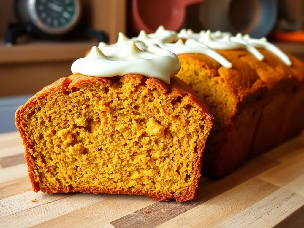 A golden loaf of gluten-free pumpkin bread sliced to show its moist crumb