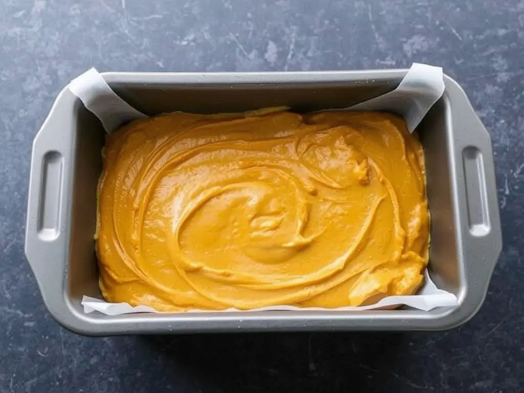 The loaf pan filled with smooth gluten-free pumpkin bread recipe batter, ready for the oven.