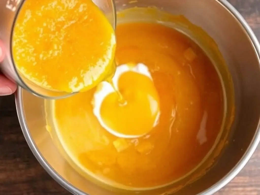 Smoothly whisked pumpkin purée and oil combined for gluten-free pumpkin bread recipe.