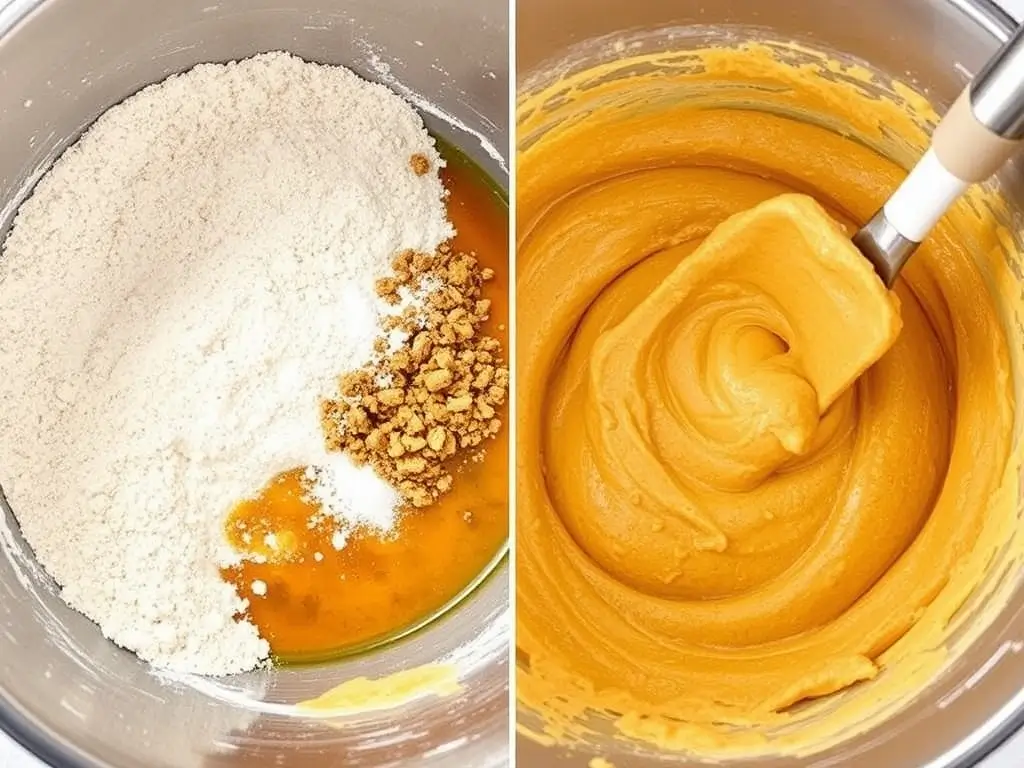 A creamy batter formed by mixing dry and wet ingredients for the gluten-free pumpkin bread recipe.