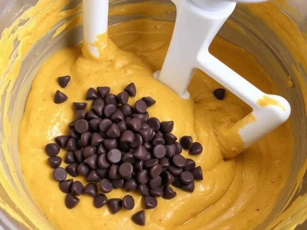 Folding chocolate chips into gluten free pumpkin muffin batter