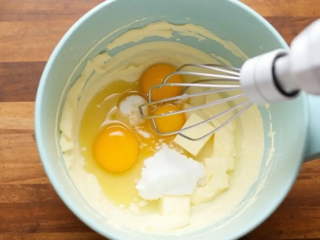 Eggs beaten into creamed butter and sugar mixture for gluten-free Dorset apple cake