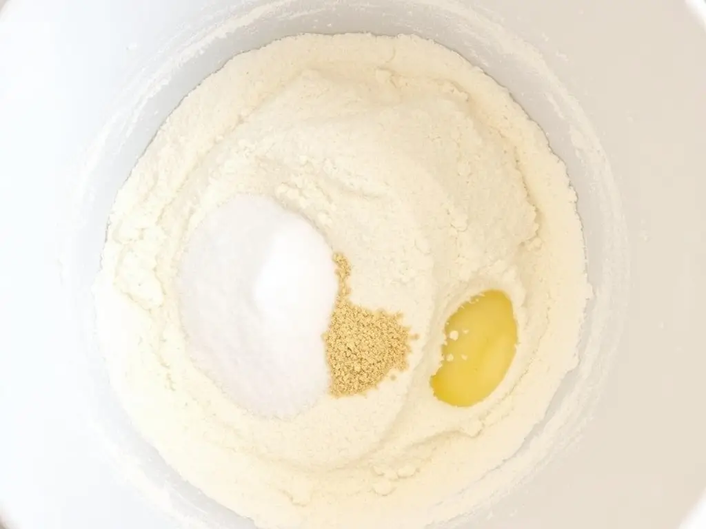 Dry ingredients for gluten-free iced buns in a mixing bowl