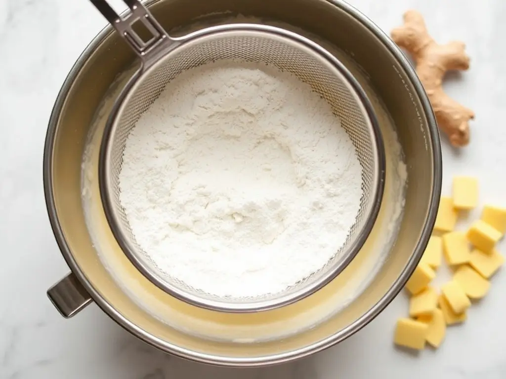 Sifting flour into batter for ginger cake with stem ginger