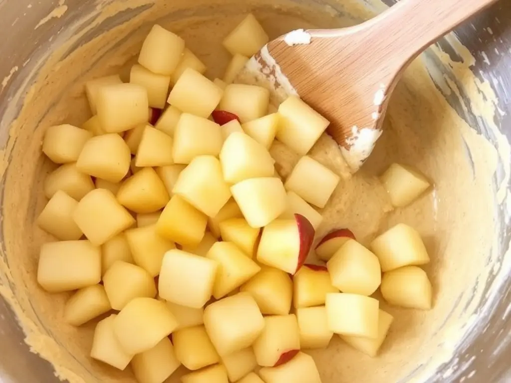 Apple chunks folded into batter for gluten-free Dorset apple cake