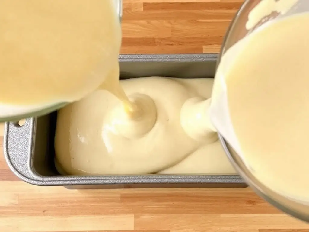 Pouring gluten-free ginger cake batter into lined loaf tin