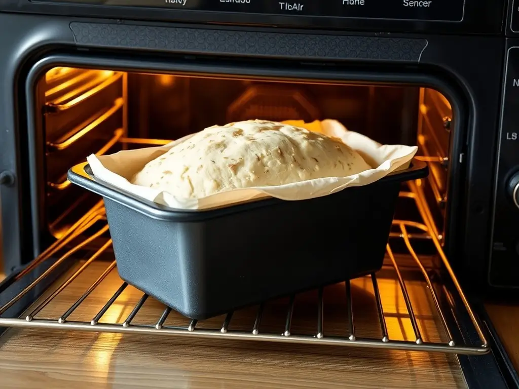 Preheated oven with lined loaf tin for gluten-free ginger cake