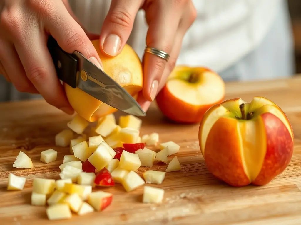 Peeled and cored apple being chopped into 2cm chunks for gluten-free Dorset apple cake