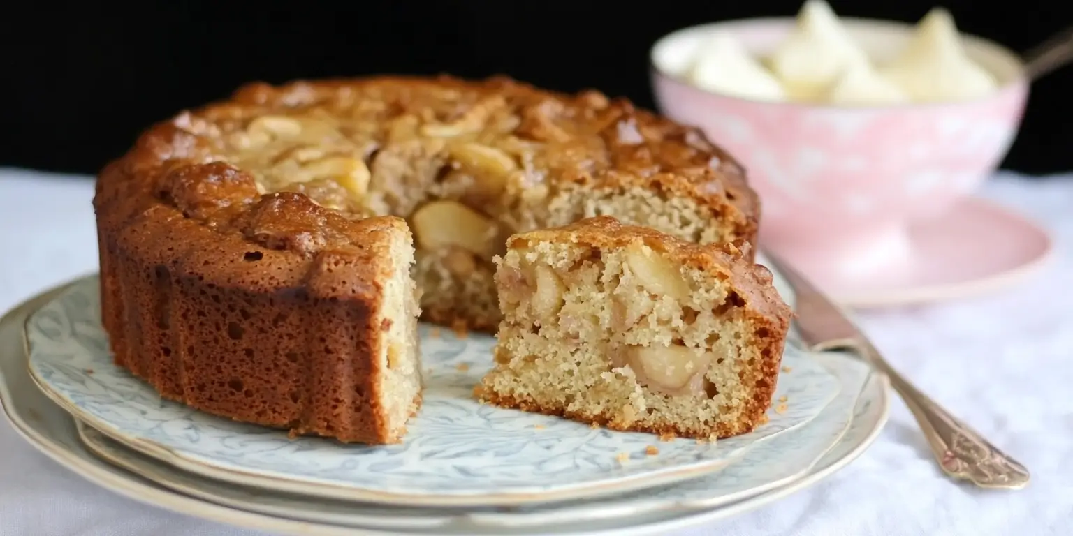 Gluten-free Dorset apple cake with apples and demerara sugar on a rustic table