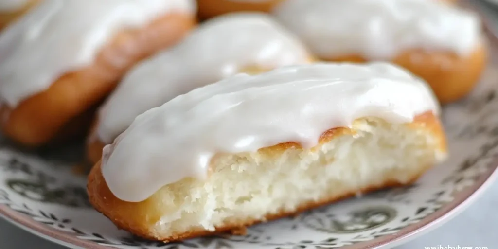 Freshly baked gluten-free iced buns with icing glaze on a kitchen counter