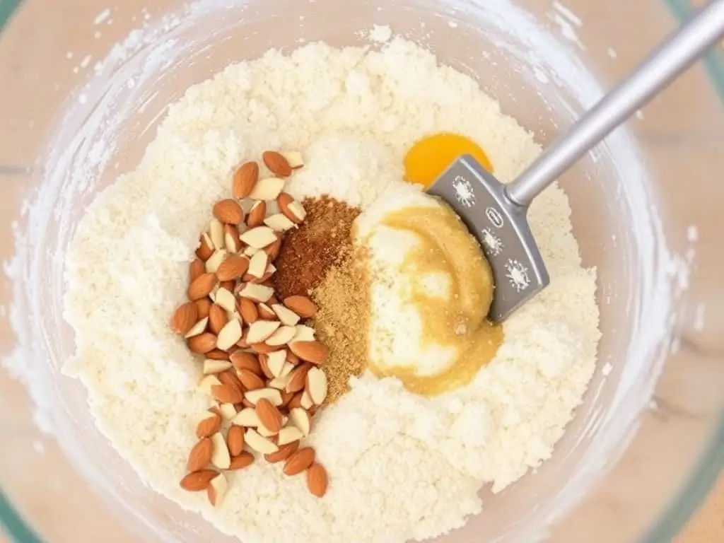 Dry ingredients for Orange Poppy Seed Bread mixed in a bowl with a whisk.