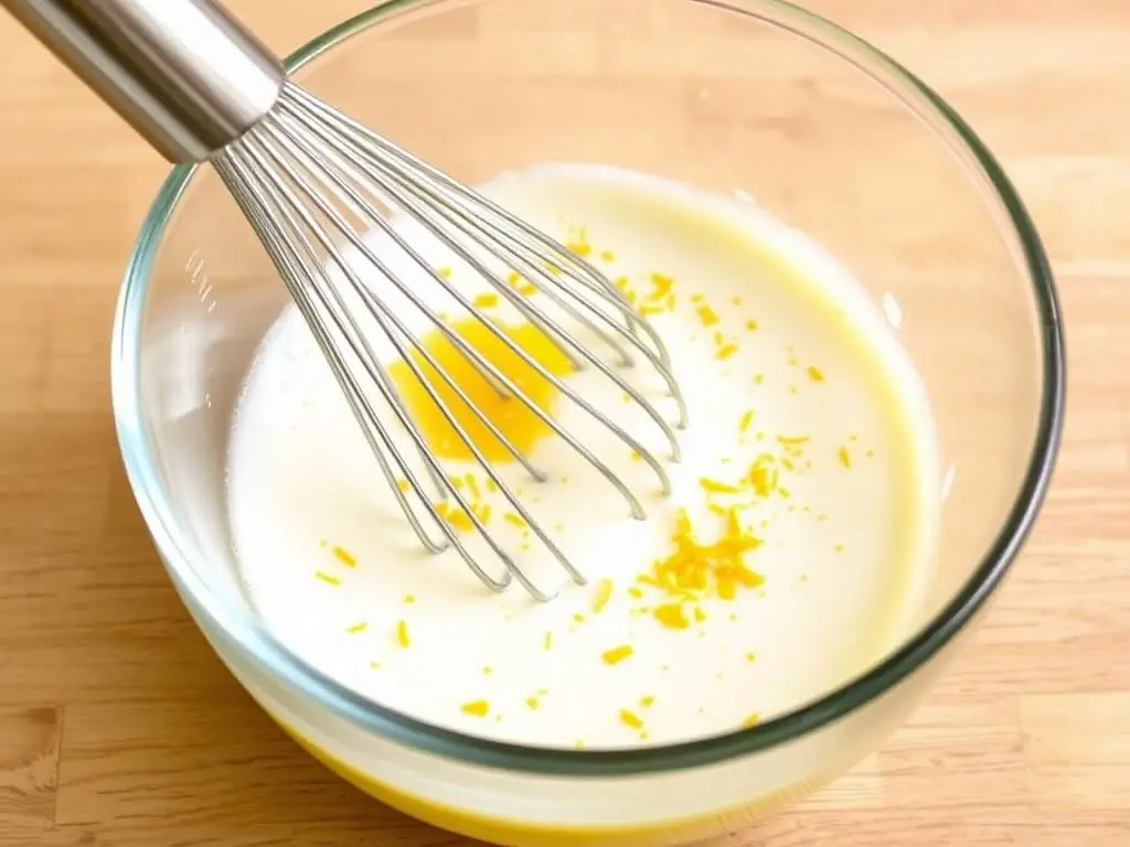 Wet ingredients, including orange juice and zest, being whisked for Orange Poppy Seed Bread