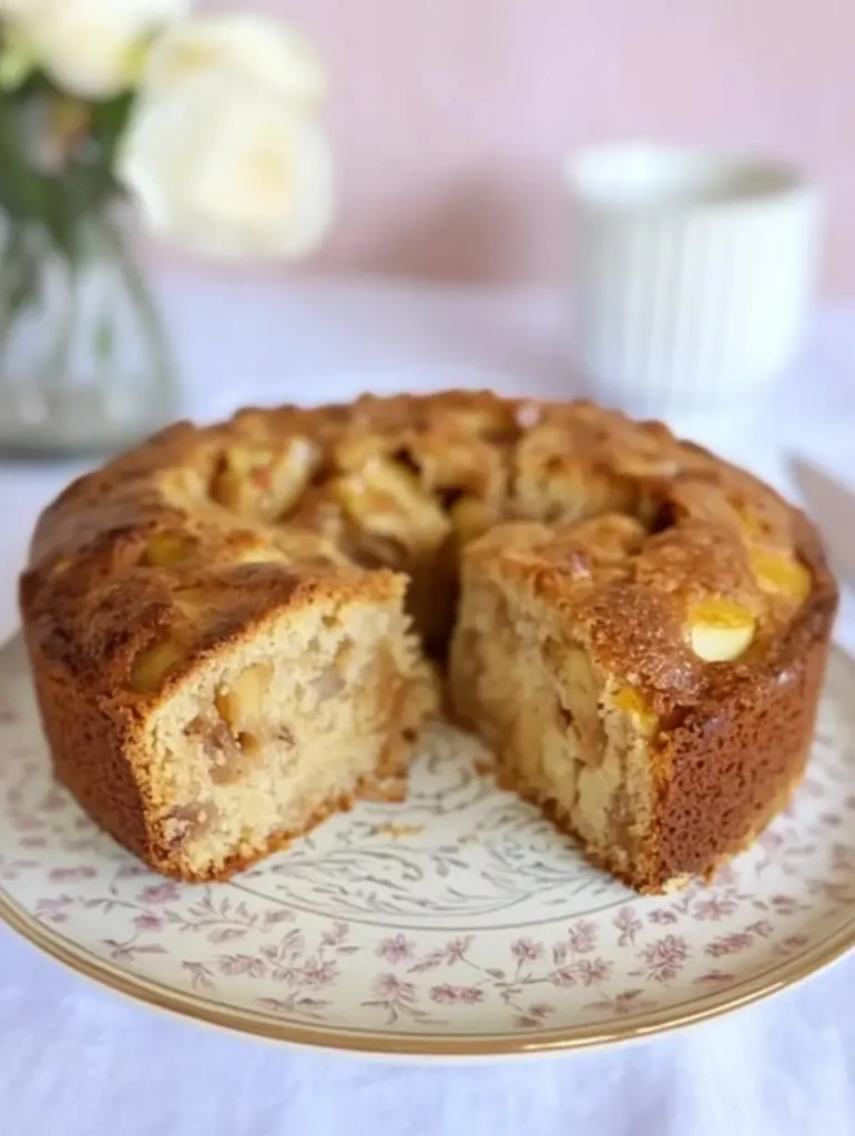 Slice of gluten-free Dorset apple cake served with ice cream and custard