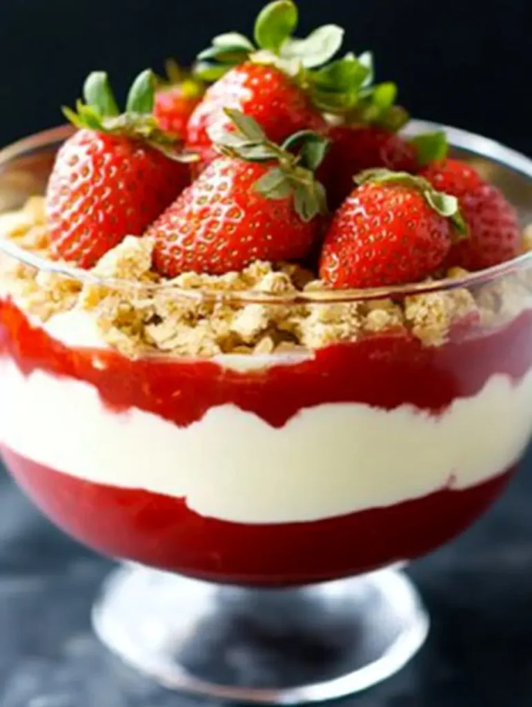 A completed VEGAN strawberry trifle with layers of jelly, custard, and whipped cream, topped with strawberries