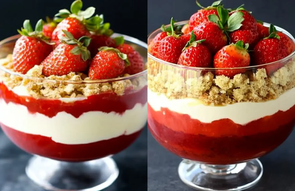 A stunning VEGAN strawberry trifle with jelly, custard, and whipped cream, topped with fresh strawberries