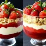 A stunning VEGAN strawberry trifle with jelly, custard, and whipped cream, topped with fresh strawberries