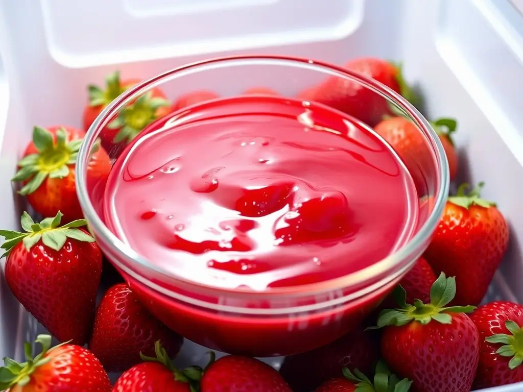 Vegan strawberry jelly in a dish, glossy and vibrant, perfect for a strawberry shortcake trifle