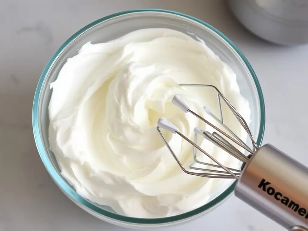 Fluffy coconut whipped cream in a bowl, essential for a VEGAN strawberry trifle recipe