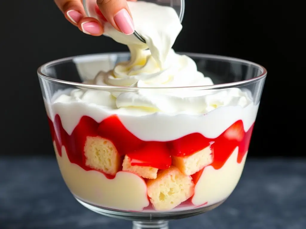 Layering strawberry jelly, vegan custard, and whipped coconut cream for a VEGAN strawberry trifle recipe