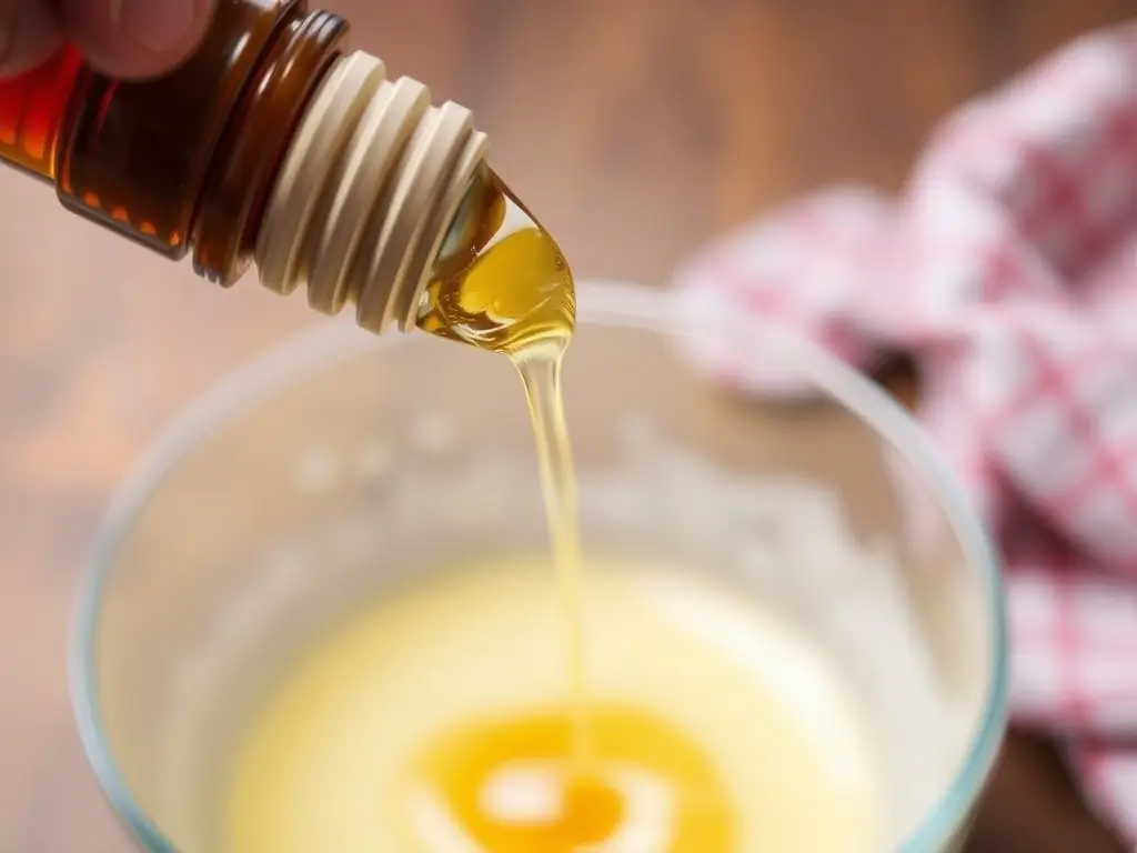 Drizzling honey into the wet ingredients for gluten-free bread