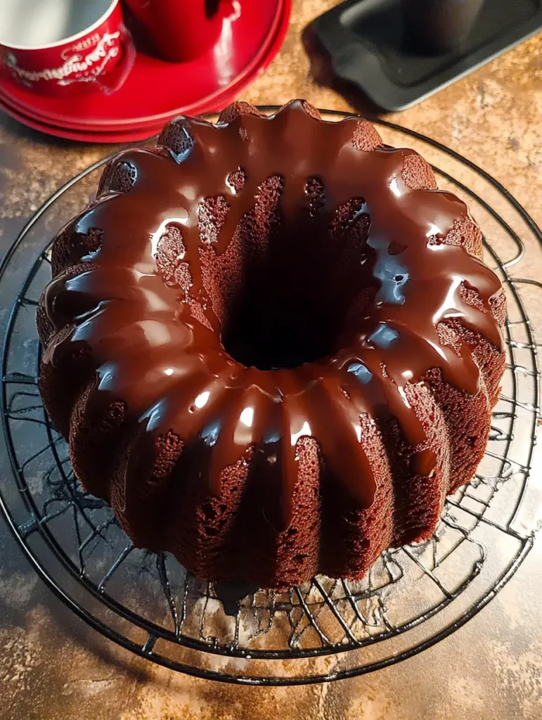 Drizzling chocolate ganache over a gluten-free chocolate Bundt cake