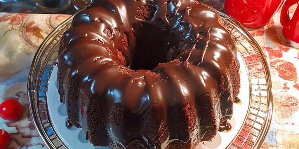 Gluten-free chocolate bundt cake topped with rich ganache, highlighting its moist and delicious texture