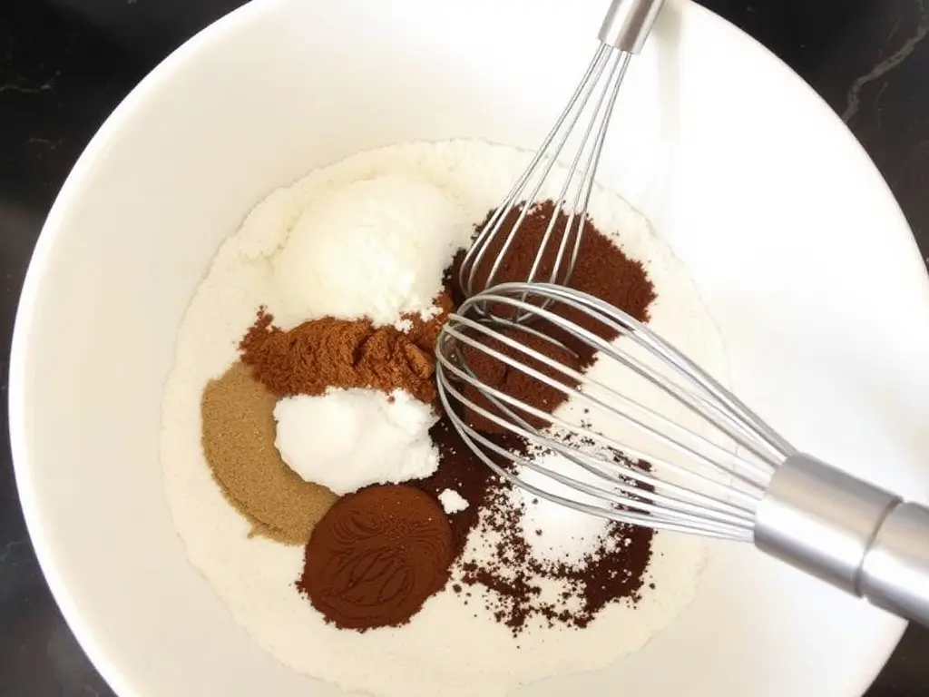 Whisking dry ingredients like gluten-free flour and cocoa powder for a gluten-free cake recipe