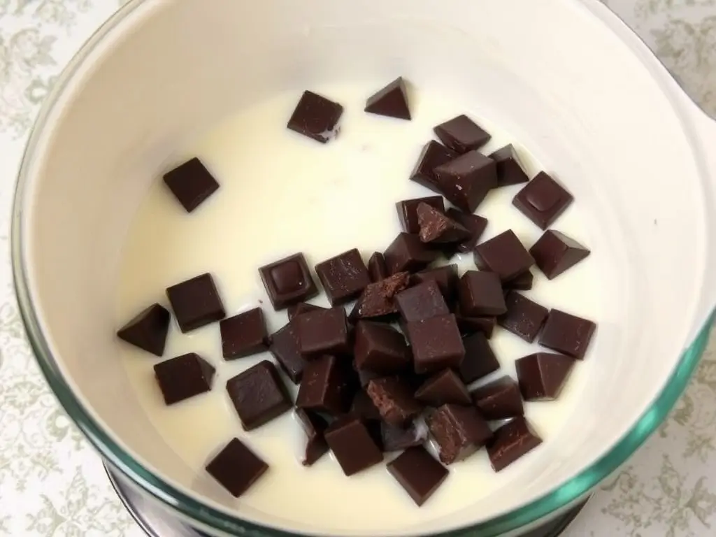 Preparing chocolate ganache for a gluten-free cake recipe by melting chocolate with cream