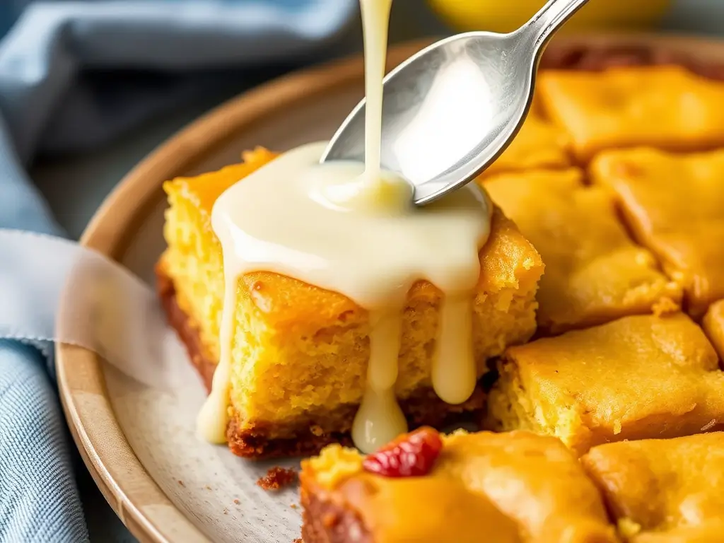 Drizzling lemon glaze over Gluten-Free Lemon Brownies