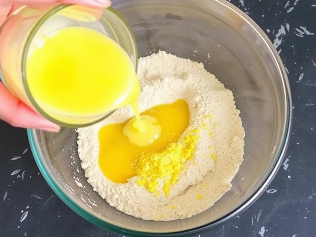 Combining wet ingredients with dry mix for Gluten-Free Lemon Brownies