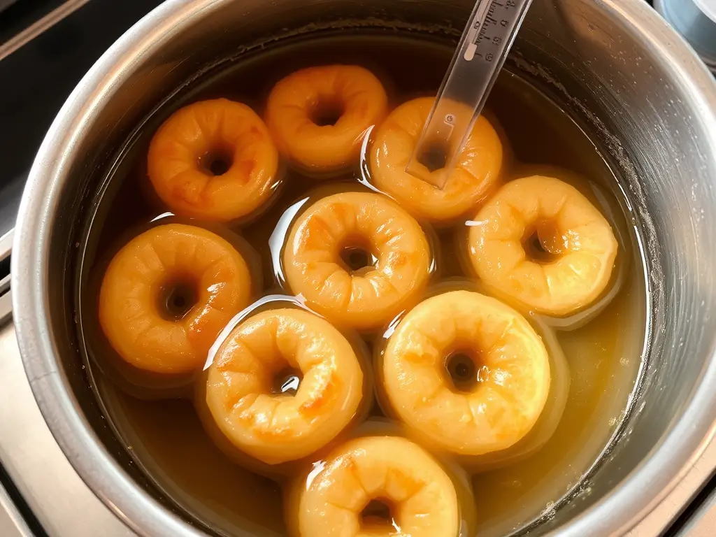 Gluten-free yeast donuts frying in hot oil, achieving the perfect golden brown color