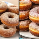 Freshly made gluten-free yeast donuts dusted with powdered sugar, golden brown and pillowy