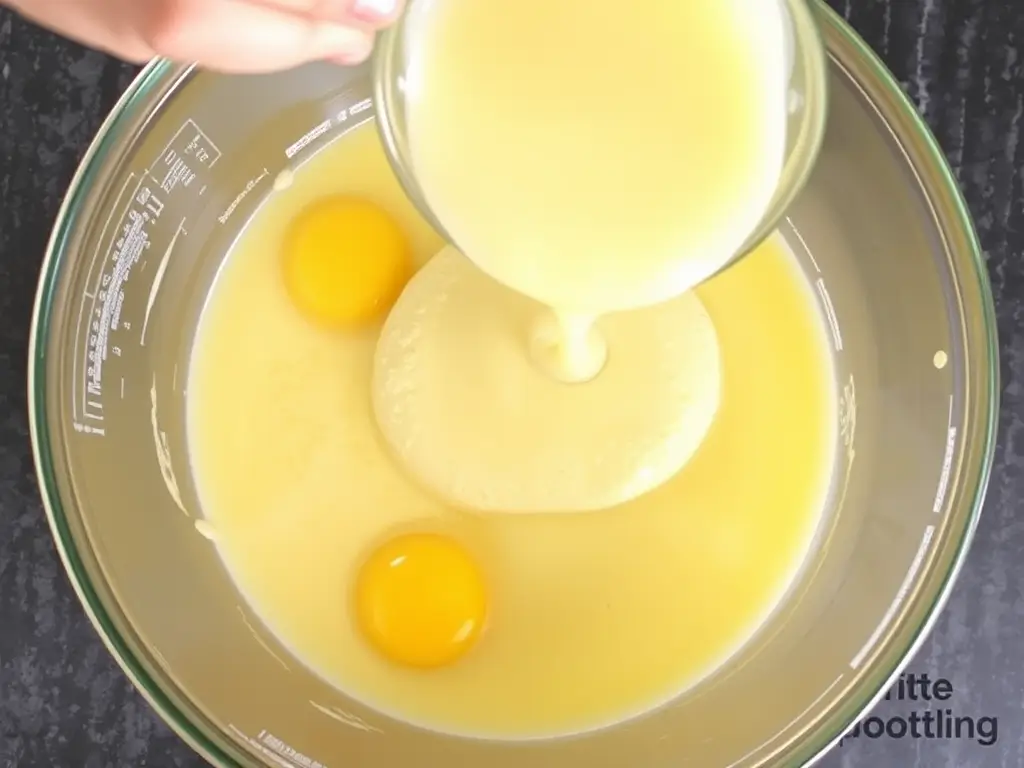 Combining wet ingredients for gluten-free yeast donuts, including yeast, eggs, and butter.