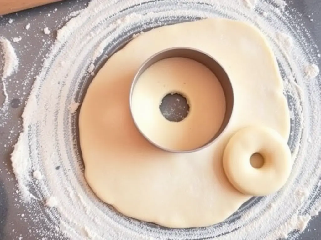 Cutting gluten-free yeast donuts from dough with a donut cutter on a floured surface