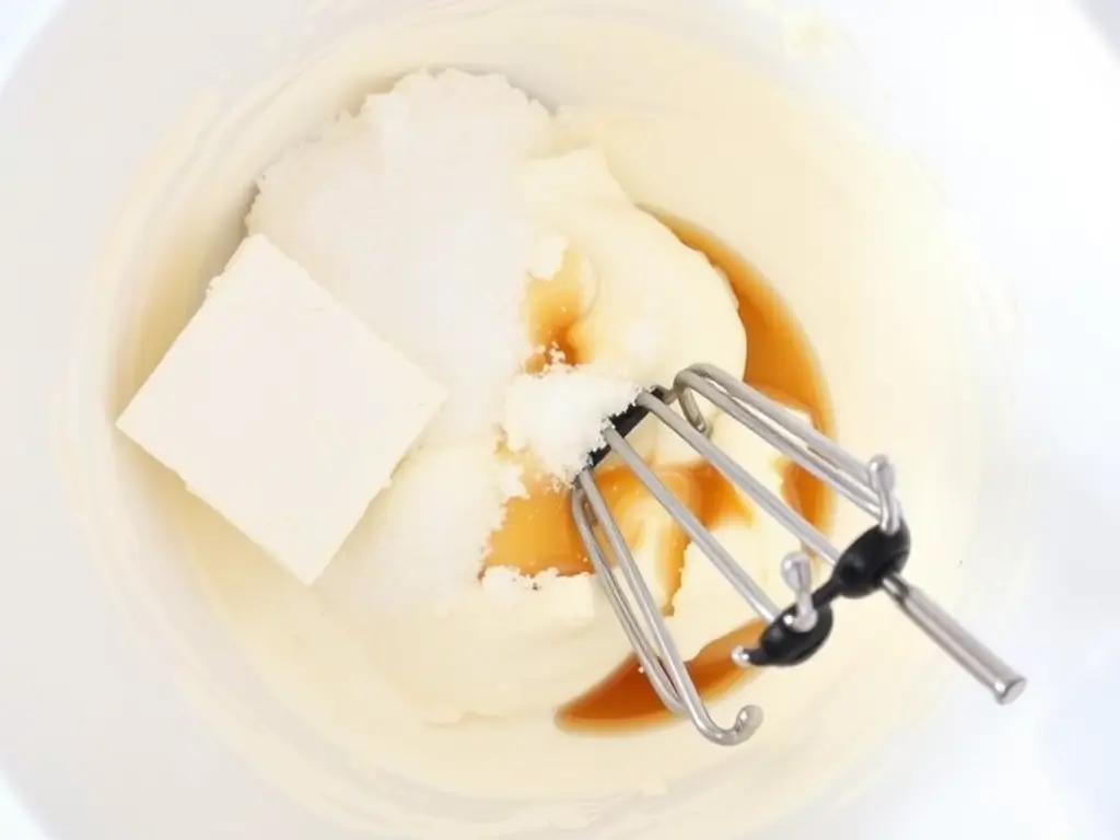 Beating cream cheese and sugar to prepare strawberry cheesecake filling