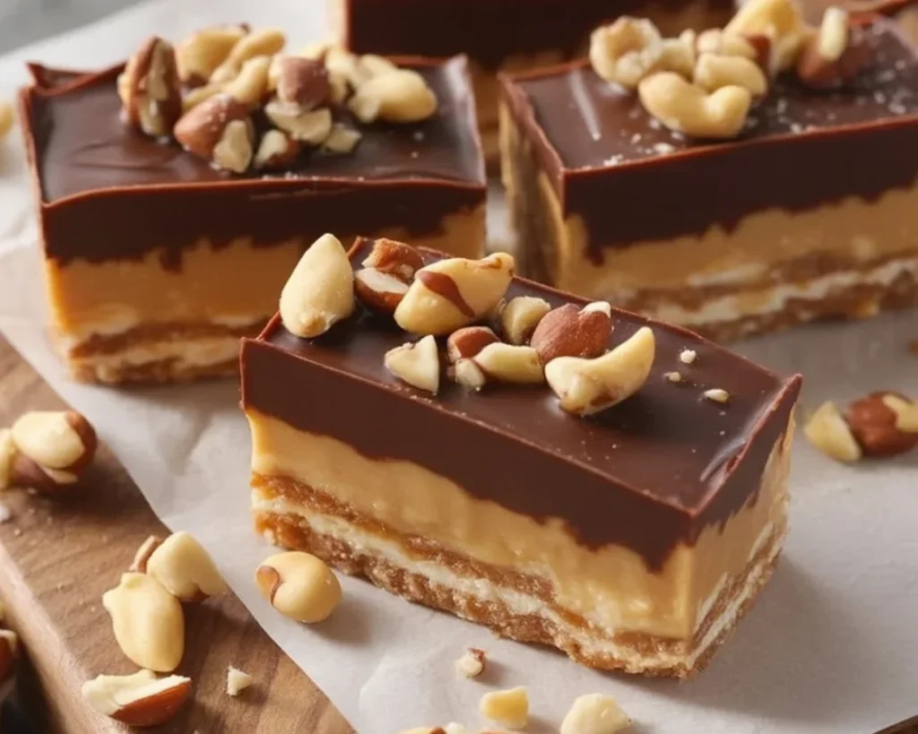 Healthy Snickers bars made with dates, almond flour, and vegan chocolate.