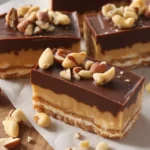Healthy Snickers bars made with dates, almond flour, and vegan chocolate.