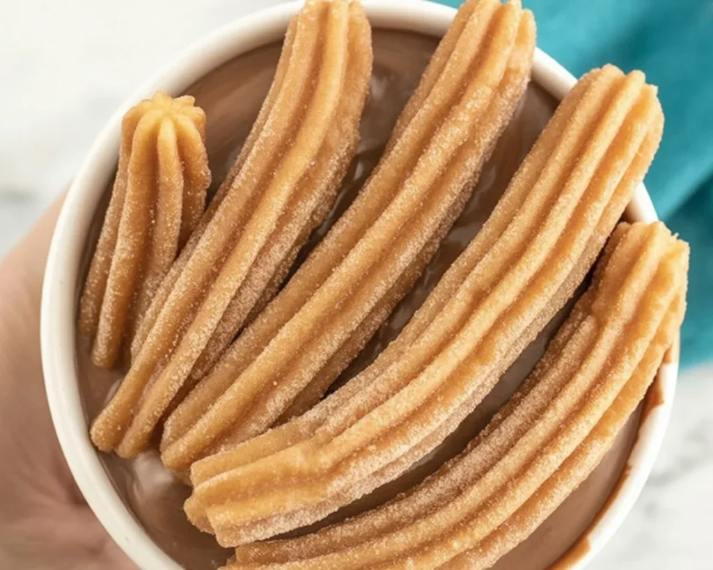 Homemade crispy gluten-free churros served with melted chocolate sauce.